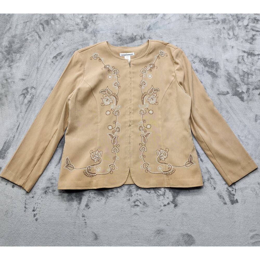 Vintage Serengeti Jacket Women XL Tan Embroidered Microsuede Zip Grandma Western